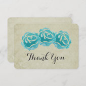 3 Blauwgroen Waterverf Rozen op Tan Damask Dank u Bedankkaart (Voorkant / Achterkant)