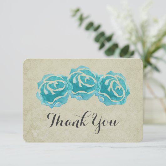 3 Blauwgroen Waterverf Rozen op Tan Damask Dank u Bedankkaart (Staand voorkant)