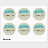 3 Blauwgroen Waterverf Rozen op Tan Damask Dank u Ronde Sticker (Vel)