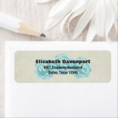 3 Blauwgroen Waterverf Rozen op Tan Damask Patroon Etiket (Insitu)