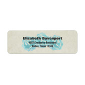 3 Blauwgroen Waterverf Rozen op Tan Damask Patroon Etiket (Voorkant)