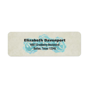 3 Blauwgroen Waterverf Rozen op Tan Damask Patroon Etiket