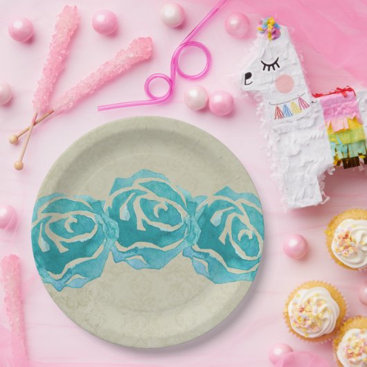3 Blauwgroen Waterverf Rozen op Tan Damask Patroon Papieren Bordje (Feest)