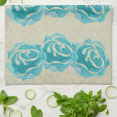 3 Blauwgroen Waterverf Rozen op Tan Damask Patroon Theedoek (Gevouwen)