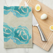 3 Blauwgroen Waterverf Rozen op Tan Damask Patroon Theedoek (Quarter Fold)