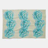 3 Blauwgroen Waterverf Rozen op Tan Damask Patroon Theedoek (Horizontaal)