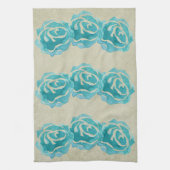 3 Blauwgroen Waterverf Rozen op Tan Damask Patroon Theedoek (Verticaal)