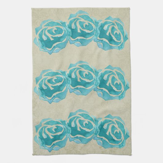 3 Blauwgroen Waterverf Rozen op Tan Damask Patroon Theedoek (Verticaal)