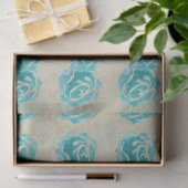 3 Blauwgroen Waterverf Rozen op Tan Damask Patroon Tissuepapier (Geschenk)