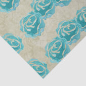 3 Blauwgroen Waterverf Rozen op Tan Damask Patroon Tissuepapier (Detail)