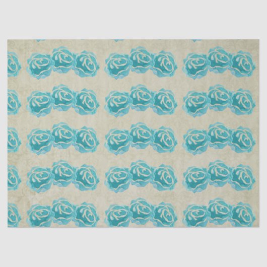 3 Blauwgroen Waterverf Rozen op Tan Damask Patroon Tissuepapier (Voorkant)