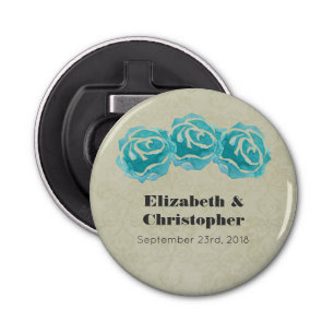 3 Blauwgroen Waterverf Rozen op Tan Damask Wedding Button Flesopener