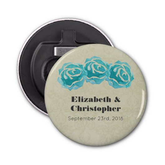 3 Blauwgroen Waterverf Rozen op Tan Damask Wedding Button Flesopener (Voorkant)