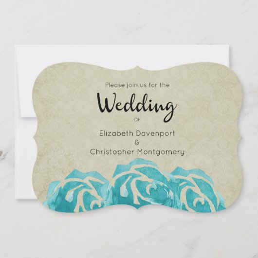 3 Blauwgroen Waterverf Rozen op Tan Damask Wedding Kaart (Voorkant)