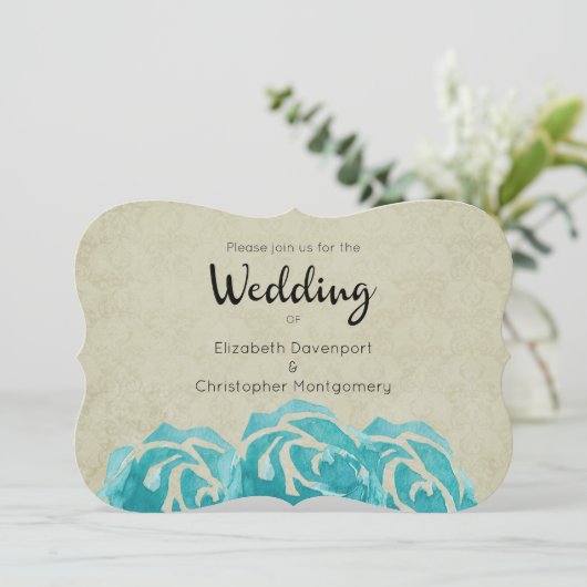 3 Blauwgroen Waterverf Rozen op Tan Damask Wedding Kaart (Staand voorkant)