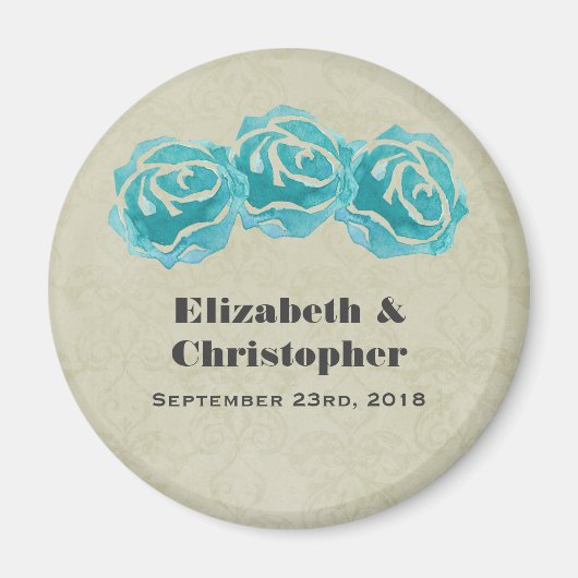 3 Blauwgroen Waterverf Rozen op Tan Damask Wedding Magneet (Voorkant)