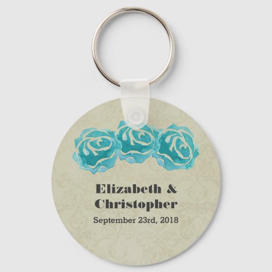 3 Blauwgroen Waterverf Rozen op Tan Damask Wedding Sleutelhanger (Voorkant)