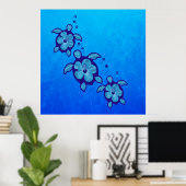 3 Blue Honu Turtles Poster (Thuiskantoor)