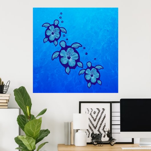 3 Blue Honu Turtles Poster (Thuiskantoor)