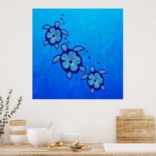 3 Blue Honu Turtles Poster (Keuken)