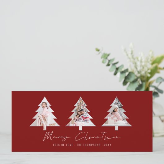 3 Boom Vorm Foto's Bourgondië Vrolijk Kerstfeest Feestdagenkaart (Staand voorkant)