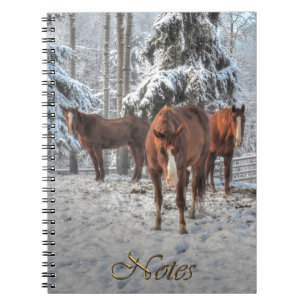 3 Chestnut Dun Ranch Horses in een winterbos Notitieboek