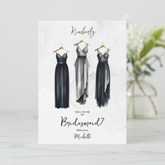 3 Chic Black Bridesmaid Dresses Watercolor Request (Staand voorkant)