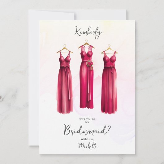 3 Chic Fuchsia Bridesmaid Dresses Watercolor Ask (Voorkant)