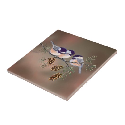 3 CHICKADEES EN PIJNCONS VAN SHARON SHARPE TEGELTJE (Zijkant)