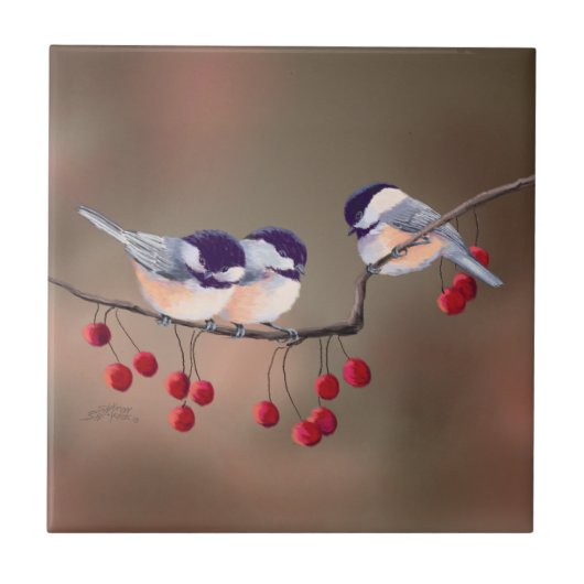 3 CHICKADEES EN RED BERRIES VAN SHARON SHARPE TEGELTJE (Voorkant)