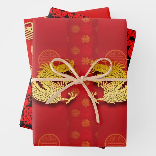 3 Chinese Dragon papier gesneden jaar WPFS Inpakpapier Vel (In situ)