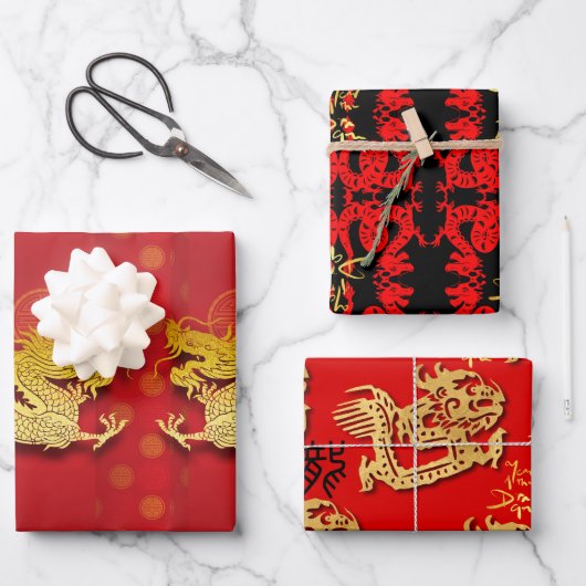 3 Chinese Dragon papier gesneden jaar WPFS Inpakpapier Vel (Voorkant)