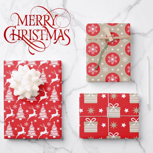 3 Coördinatie van de Rood Tan-kerstboomrendieres Inpakpapier Vel