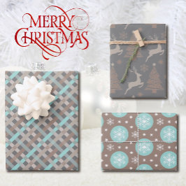 3 Coördinatie van kersttaupe Grey Turquoise Inpakpapier Vel