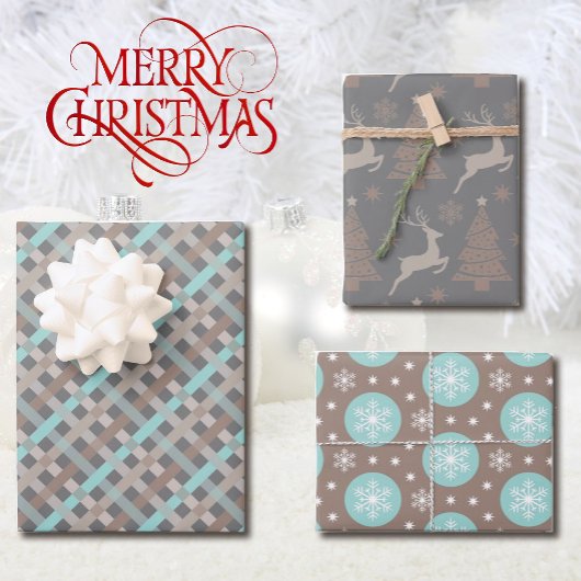 3 Coördinatie van kersttaupe Grey Turquoise Inpakpapier Vel