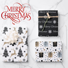 3 Coördinatie Zwarte Wit-rendiercadeau voor kerstm Inpakpapier Vel