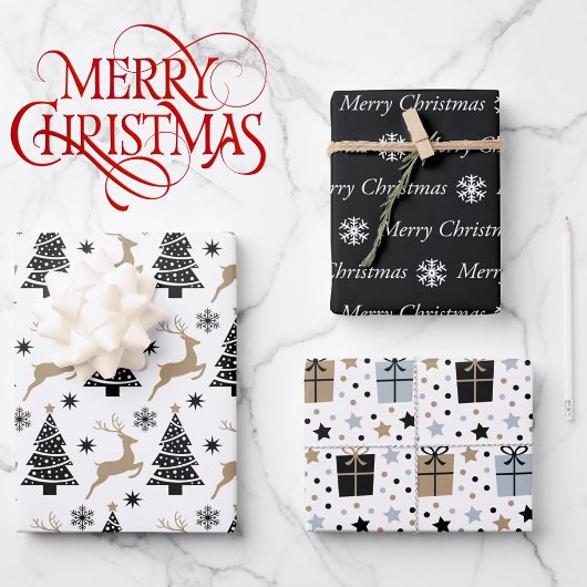 3 Coördinatie Zwarte Wit-rendiercadeau voor kerstm Inpakpapier Vel