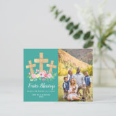 3 Crosses Floral Easter Blessing Photo Feestdagenkaart (Staand voorkant)