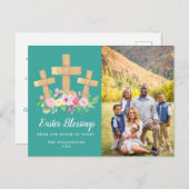 3 Crosses Floral Easter Blessing Photo Feestdagenkaart (Voorkant / Achterkant)