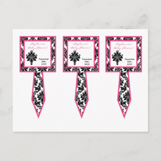 3 Cup Cake Picks Hot Pink Black Damask Uitnodiging Briefkaart (Voorkant)