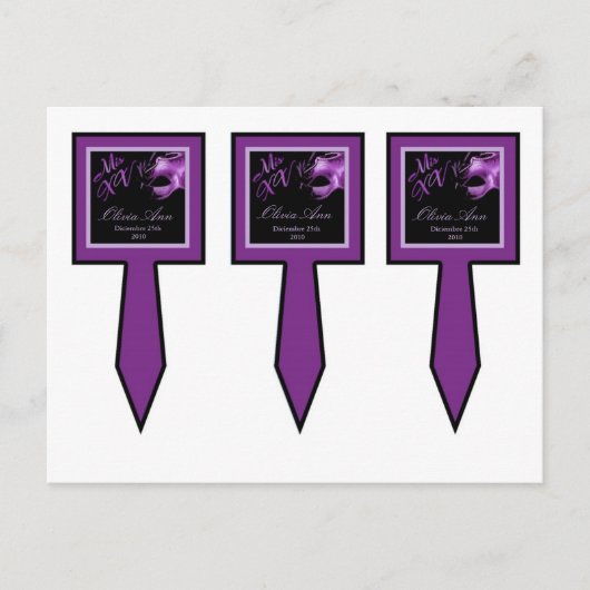 3 Cup Cake Picks Mis XV Paarse Lila Zwarte Partij Briefkaart (Voorkant)