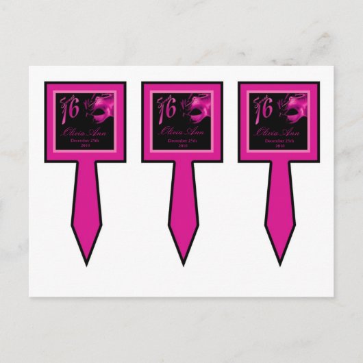 3 Cup Cake Picks Sweet 16 Hot Pink Black Party Uitnodiging Briefkaart (Voorkant)