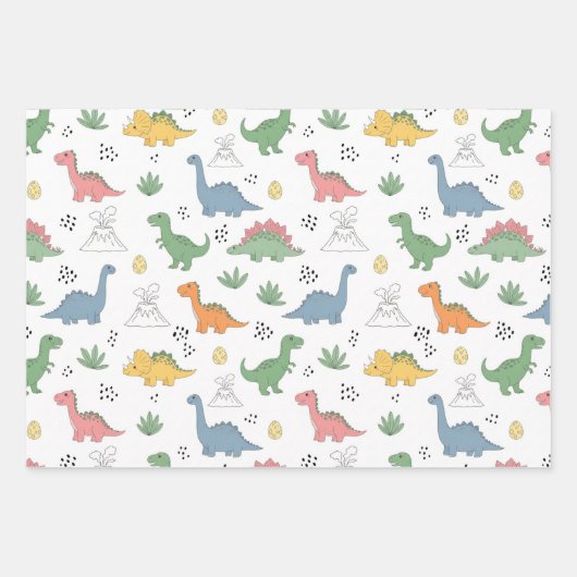 3 Cute Dino Pattern Kids Birthday Inpakpapier Vel (Voorkant 3)