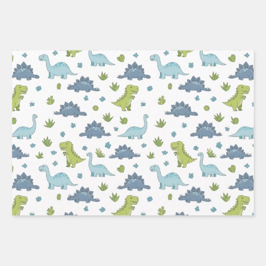 3 Cute Dino Pattern Kids Birthday Inpakpapier Vel (Voorkant)