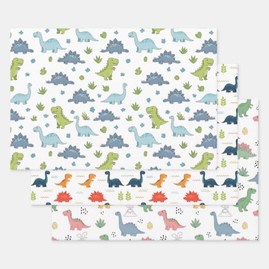 3 Cute Dino Pattern Kids Birthday Inpakpapier Vel (Set)