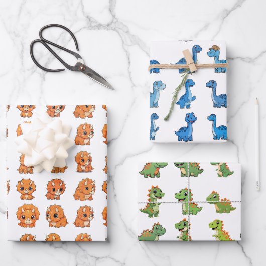 3 Cute Dinosaur Pattern Birthday Wrapping Paper Se (Voorkant)
