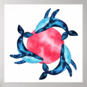 3 Cute galaxy waterverf walvissen met roze bubbel Poster (Voorkant)