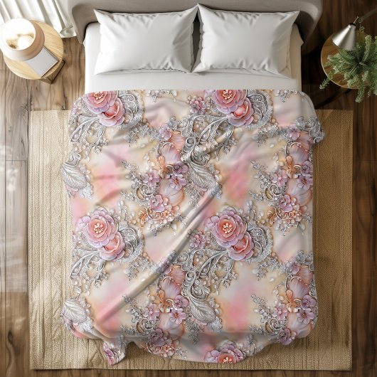 3-D bedazzled zilver en roze rozen Patroon Fleece Deken