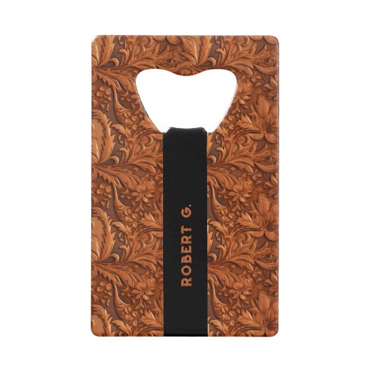 3-D bruin bewerkt bloemenleer patroon Creditkaart Flessenopener (Voorkant)