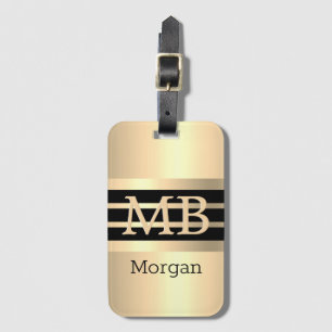 3-D Gold Monogram & Naam, BLK/Gold Stripes, Goud Bagagelabel